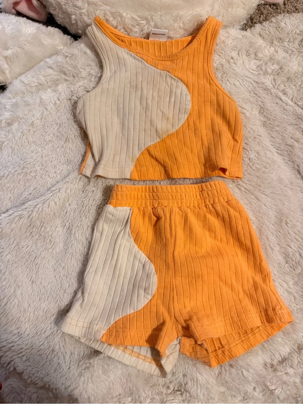 Orange and Cream Ribbed Color block Crop Tank + Shorts Set